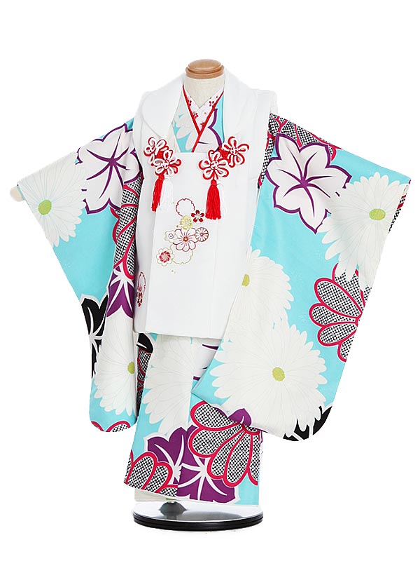 七五三 着物 レンタル 3歳 女の子 被布 セット 3歳の着物レンタル(女の子)3037白花×ターコイズ地大花 レンタル 3歳 女児 被布 七五三 753 着物...