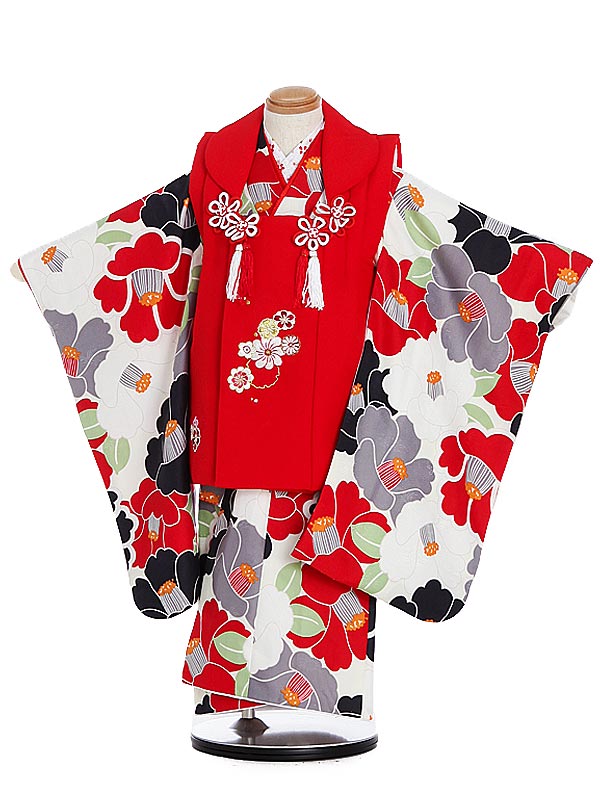 七五三 着物 レンタル 3歳 女の子 被布 セット 3歳の着物レンタル(女の子)3043赤花×クリーム地椿 レンタル 3歳 女児 被布 七五三 753 着物 三...