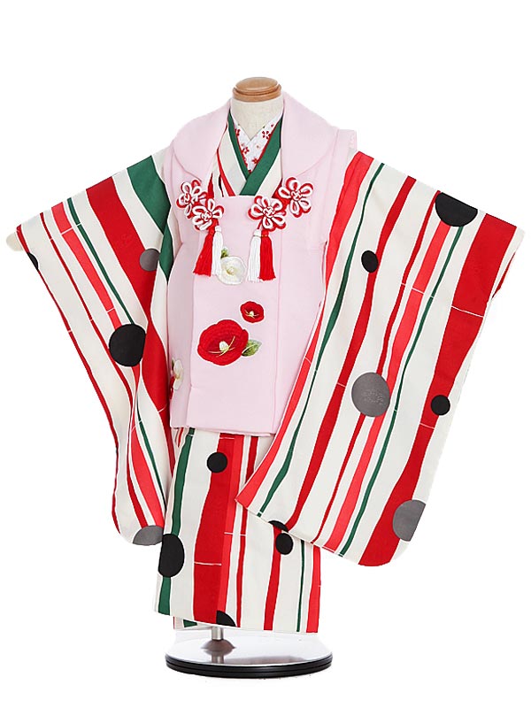 七五三 着物 レンタル 3歳 女の子 被布 セット 3歳の着物レンタル(女の子)3045薄ピンク椿×ベージュ地縦じま レンタル 3歳 女児 被布 七五三 753...