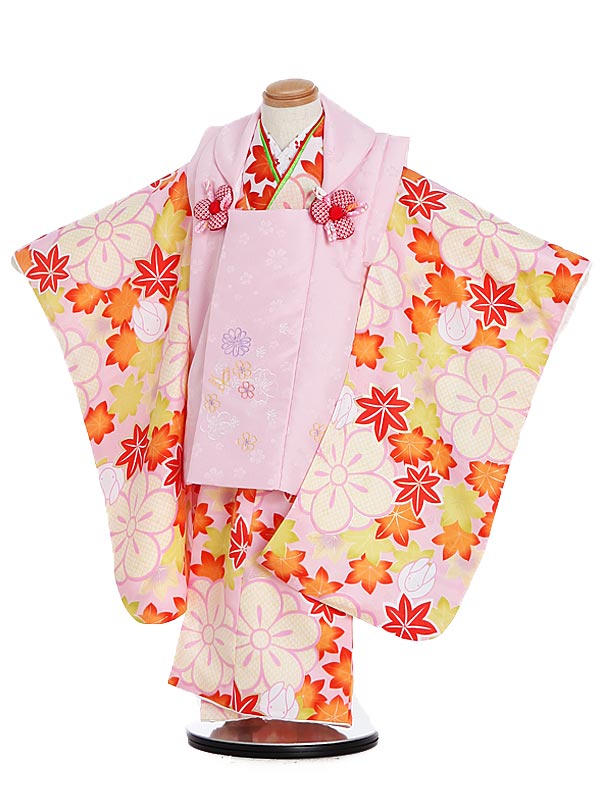 七五三 着物 レンタル 3歳 女の子 被布 セット 3歳の着物レンタル(女の子)3053薄ピンク蝶花×ピンク地紅葉花 レンタル 3歳 女児 被布 七五三 753...