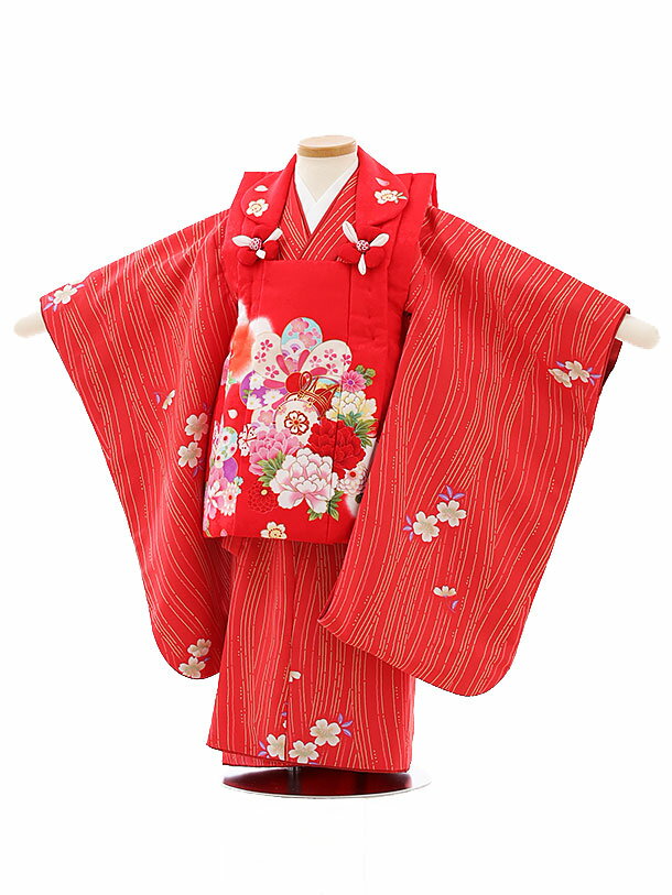 七五三 着物 レンタル 3歳 女の子 被布 セット 3歳の着物レンタル(女の子)3073赤 鼓 花×赤地桜よろけ縞レンタル 3歳 女児 被布 七五三 753 着...