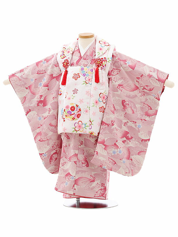 七五三 着物 レンタル 3歳 女の子 被布 セット 3歳の着物レンタル(女の子)3081白 桜 鞠×ピンク地葉花レンタル 3歳 女児 被布 七五三 753 着物...