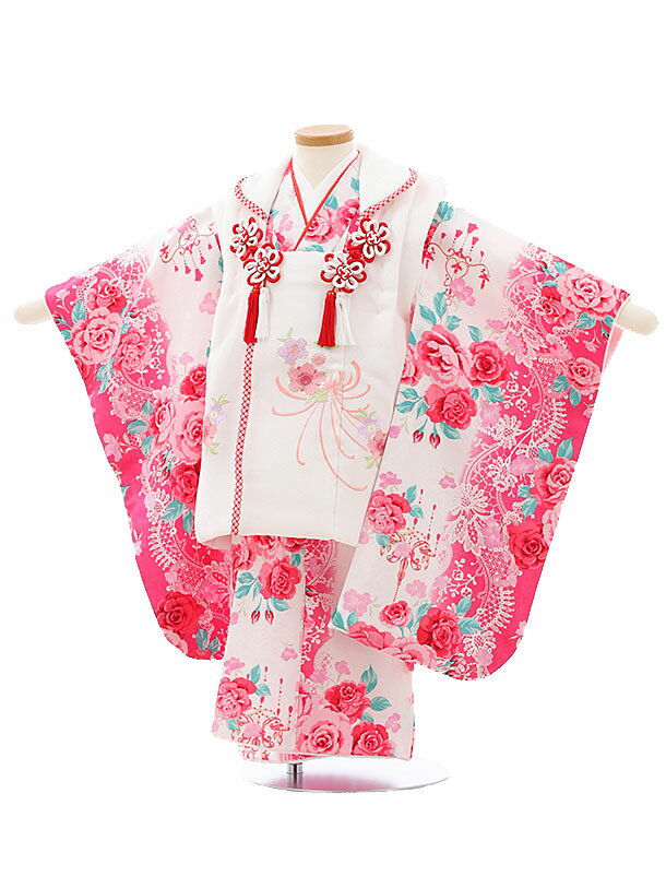 七五三 着物 レンタル 3歳 女の子 被布 セット 3歳の着物レンタル 3092白 花×ピンク地薔薇レンタル 3歳 女児 被布 七五三 753 着物 七五三 着...