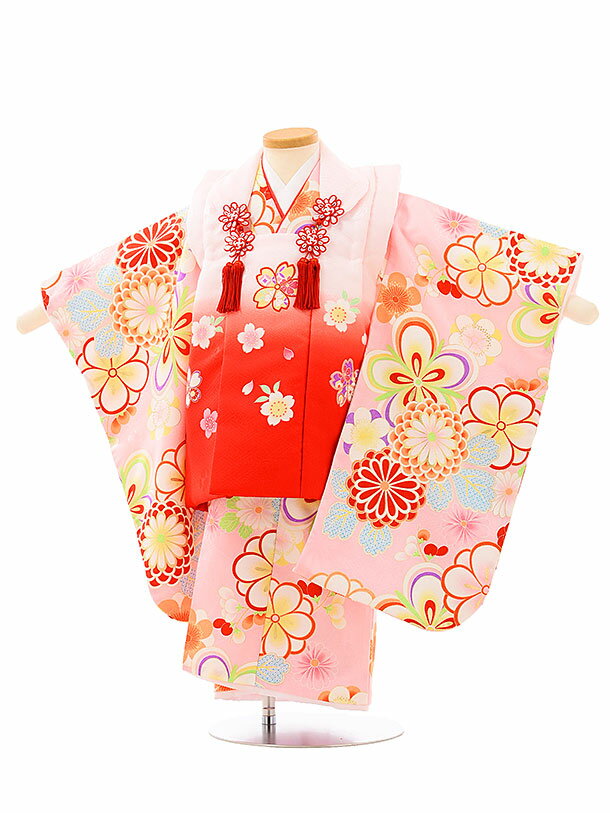 七五三 着物 レンタル 3歳 女の子 被布 セット 3歳の着物レンタル(女の子)A327赤ぼかし×ピンク花 レンタル 3歳 女児 被布 七五三 753 着物 三...