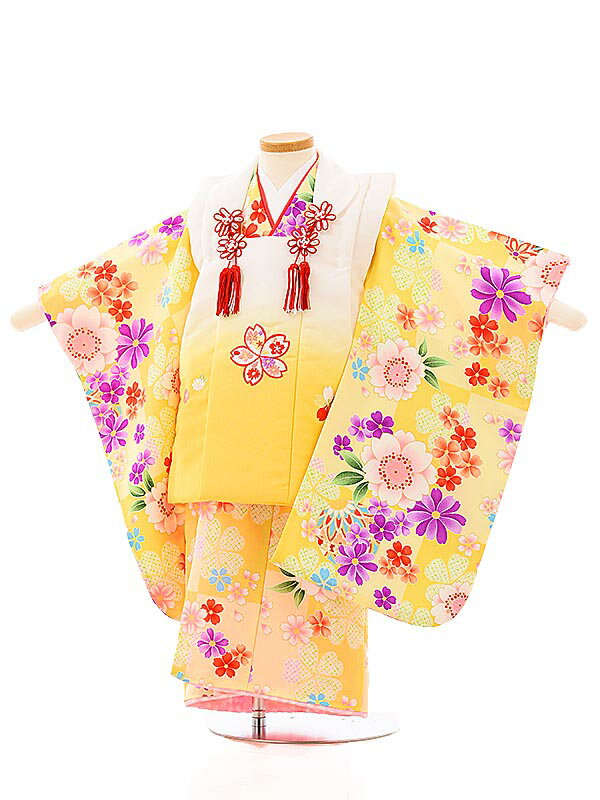 七五三 着物 レンタル 3歳 女の子 被布 セット 3歳の着物レンタル 七五三 A328黄色ぼかし×黄色花 レンタル 3歳 女児 被布 七五三 753 着物 三...