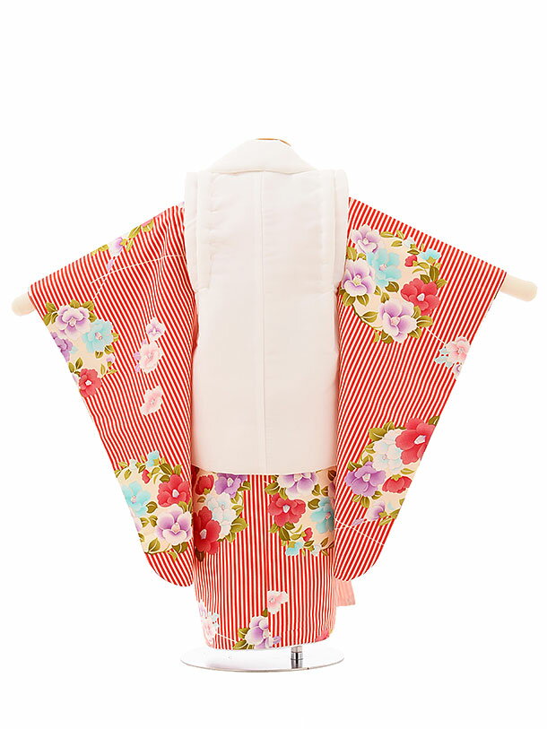 七五三 着物 レンタル 3歳 女の子 被布 セット 3歳の着物レンタル（女の子）A329白×赤ストライプ花 レンタル 3歳 女児 被布 七五三 753 着物 三 女の子 着物 お祝い着 3才 きものレンタル おんなのこ 新品足袋プレゼント 被布コート fy16REN07【レンタル】