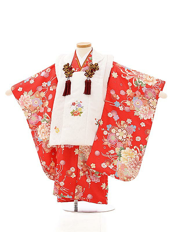 七五三 着物 レンタル 3歳 女の子 被布 セット 3歳の着物レンタル(女の子)A331白×赤花 レンタル 3歳 女児 被布 七五三 753 着物 三 女の子 ...