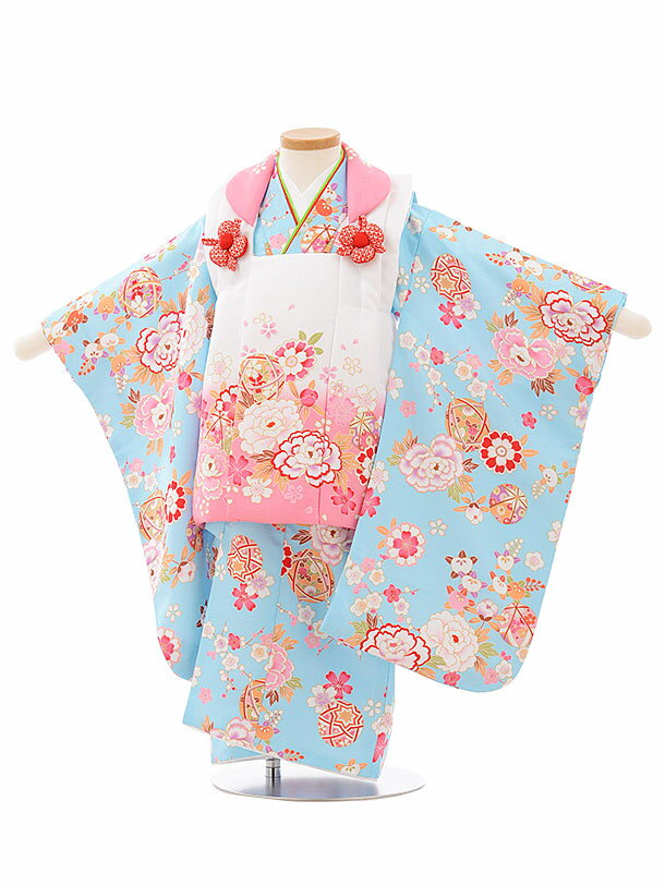七五三 着物 レンタル 3歳 女の子 被布 セット 3歳の着物レンタル(女の子)A337白ピンク×水色花まり レンタル 3歳 女児 被布 七五三 753 着物 ...