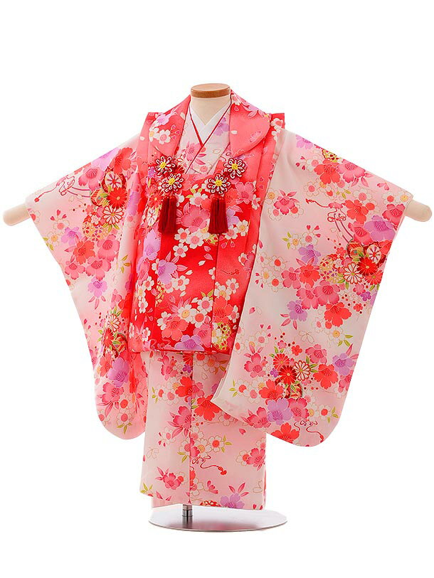 七五三 着物 レンタル 3歳 女の子 被布 セット 3歳の着物レンタル(女の子)A355ピンク赤ぼかし×白ピンクぼかし鼓 レンタル 3歳 女児 被布 七五三 7...