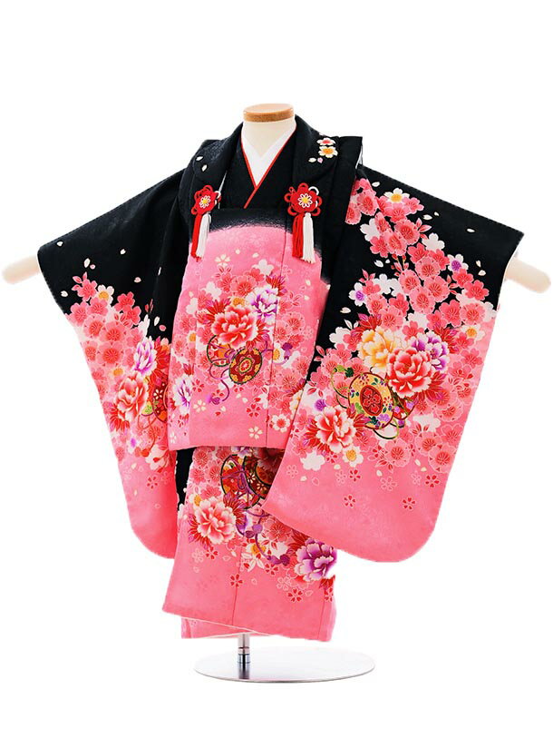 七五三 着物 3歳 女の子 被布 セット 3歳の着物レンタル(女の子)A356黒ピンクぼかし×黒ピンクぼかし桜とぼたん鼓 レンタル 3歳 女児 被布 着物 女の...