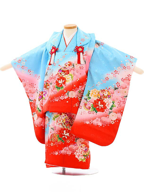 七五三 着物 レンタル 3歳 女の子 被布 セット 3歳の着物レンタル(女の子)A358水色赤×水色花にまり レンタル 3歳 女児 被布 七五三 753 着物 ...