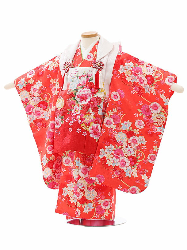 七五三 着物 レンタル 3歳 女の子 被布 セット 3歳の着物レンタル(女の子)3093赤ラメ 鞠 花×赤地鞠桜レンタル 3歳 女児 被布 七五三 753 着物...