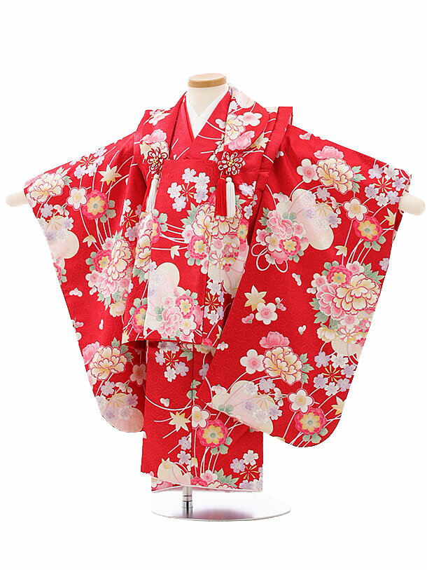 七五三 着物 レンタル 3歳 女の子 被布 セット 3歳の着物レンタル(女の子)3095赤ラメ 鞠 花×赤地ラメ 鞠 花レンタル 3歳 女児 被布 七五三 75...