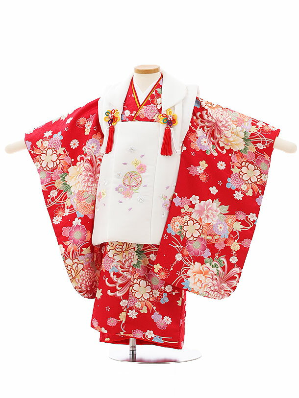 七五三 着物 レンタル 3歳 女の子 被布 セット 3歳の着物レンタル(女の子)3100白 鞠 桜×赤地 古典文様レンタル 3歳 女児 被布 七五三 753 着...