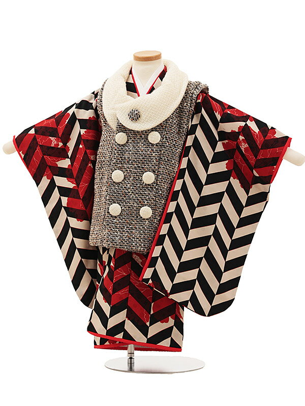 七五着物 3歳 女の子 被布 セット 3歳の着物レンタル(女の子)A30Rモダンアンテナ黒ツイード×白黒ヘリーボーン レンタル 3歳 女児 被布 七五753 着...