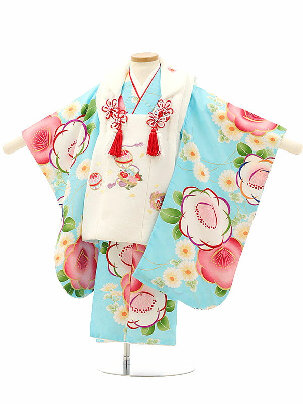 七五着物 3歳 女の子 被布 セット 3歳の着物レンタル(女の子)A30U/白 刺繍鞠×水色地 花 レンタル 3歳 女児 被布 七五753 着物 女の子 着物 ...