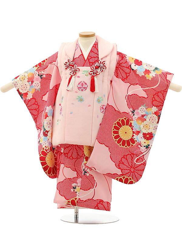 七五着物 3歳 女の子 被布 セット 3歳の着物レンタル(女の子)A30V/薄ピンク刺繍鞠×ピンク地赤疋田柄 菊 レンタル 3歳 女児 被布 七五753 着物 ...