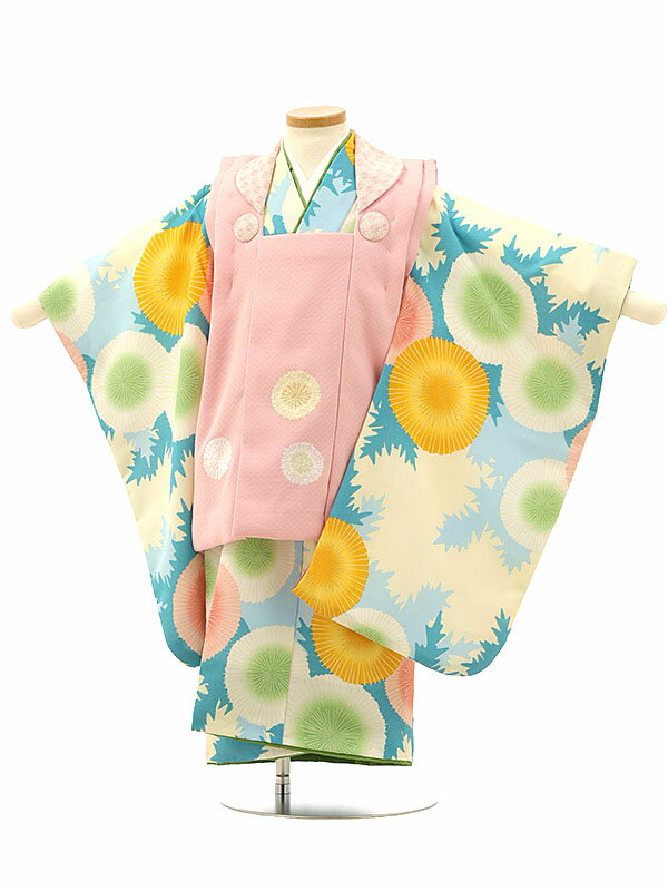 七五着物 3歳 女の子 被布 セット 3歳の着物レンタル(女の子) A31J/薄ピンク刺繍花×薄黄色地 大花 レンタル 3歳 女児 被布 七五753 着物 女の...