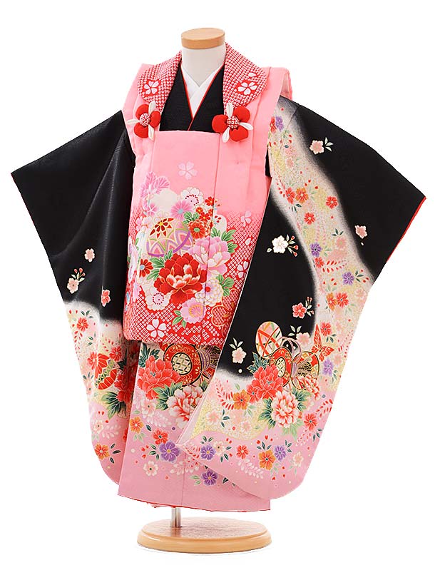 七五三レンタル(3歳女被布)A33C ピンク×黒ぼたん鼓 レンタル 3歳 女児 被布 七五三 753 着物 三 女の子 着物 お祝い着 3才 きものレンタル お...