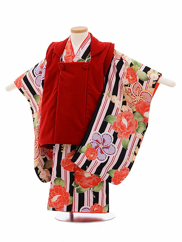 七五三(3歳女被布)A33E 赤ベルベッド×紺ストライプ 椿 レンタル 3歳 女児 被布 七五三 753 着物 三 女の子 着物 お祝い着 3才 きものレンタル...