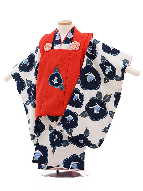 七五三レンタル(3歳女被布)A33F 赤×白地 紺椿 レンタル 3歳 女児 被布 七五三 753 着物 三 女の子 着物 お祝い着 3才 きものレンタル おんな...
