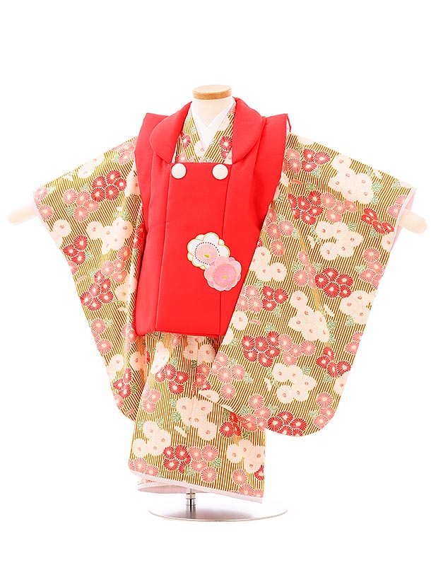 七五三レンタル(3歳女児被布)A33J赤xからし色ストライプ小菊 レンタル 3歳 女児 被布 七五三 753 着物 三 女の子 着物 お祝い着 3才 きものレン...