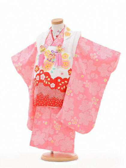 七五三レンタル(3歳女の子被布)A33P白裾赤×ピンク桜 レンタル 3歳 女児 被布 七五三 753 着物 三 女の子 着物 お祝い着 3才 きものレンタル お...