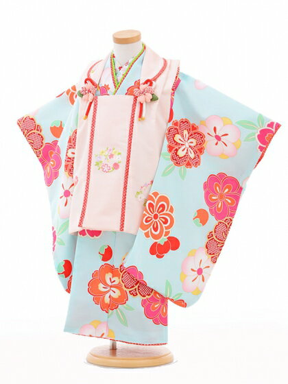 七五三レンタル(3歳女の子被布)A33V式部浪漫ピンク×水色 レンタル 3歳 女児 被布 七五三 753 着物 三 女の子 着物 お祝い着 3才 きものレンタル...