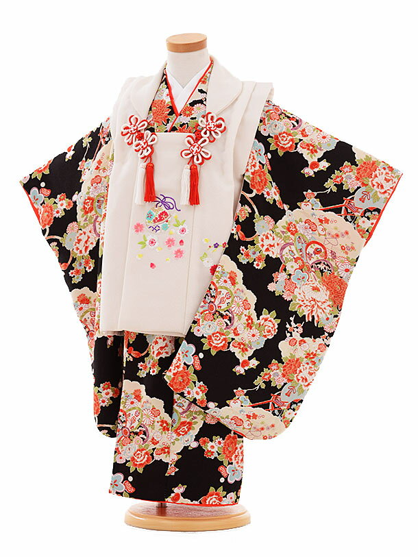 七五三 レンタル 着物 3歳 女の子 被布 A33Z 白×黒地 ちりめん レトロ レンタル 3歳 女児 被布 七五三 753 着物 三 女の子 着物 お祝い着 ...