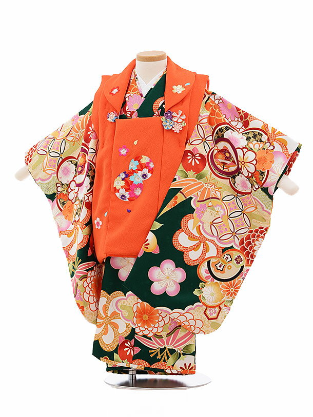 七五三レンタル(3歳女被布)A34B オレンジ×深緑 古典 レンタル 3歳 女児 被布 七五三 753 着物 三 女の子 着物 お祝い着 3才 きものレンタル ...