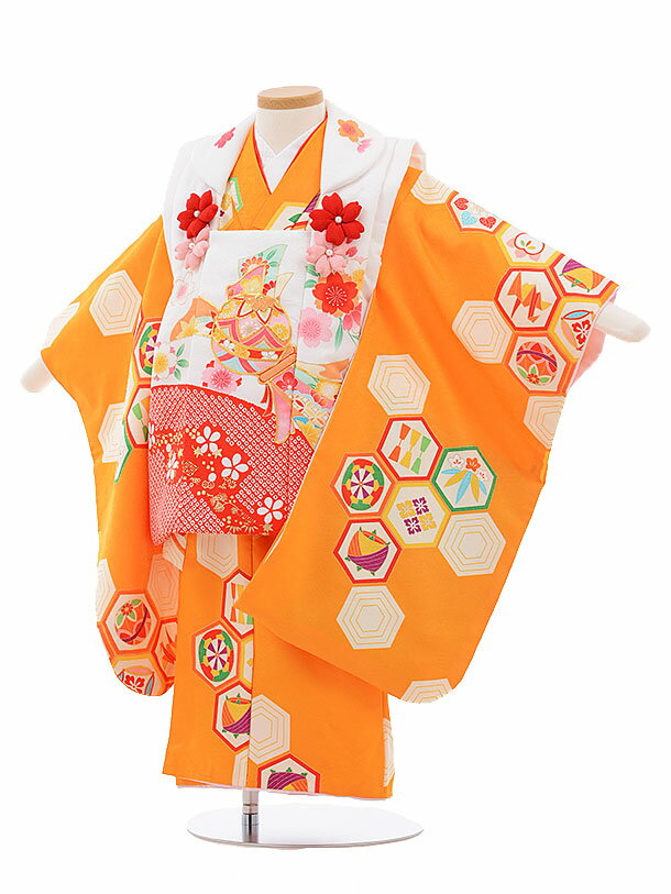 七五三 着物 3歳 レンタル 女の子 七五三レンタル(3歳女被布)A34E 白×オレンジ 古典 レンタル 3歳 女児 被布 七五三 753 着物 三 女の子 着...