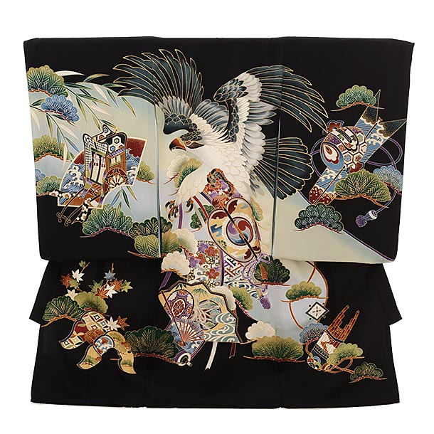 お宮参り 男の子レンタル 産着 レンタル|産着レンタル（男の子）AAL0028 黒地鷹に扇小槌 正絹 レンタル 男の子 祝い着 着物 男の子 着物 掛け着 初着 お宮参り 男の子レンタル 産着 レンタル 男児 ベビー着物 赤ちゃん fy16REN07【レンタル】