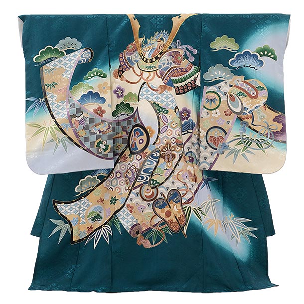 お宮参り 男の子レンタル〔夏用〕 産着 レンタル|産着レンタル（男の子）AAL0043 夏用 単衣男の子産着 緑地かぶとに巻物 レンタル 男の子 祝い着 着物 男の子 着物 掛け着 初着 お宮参り 男の子レンタル 産着 レンタル 男児 ベビー着物 赤ちゃん fy16REN07【レンタル】