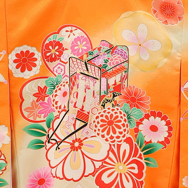 お宮参り 着物 レンタル 女の子/女児産着 お宮参り 0069 オレンジ地 御所車に花 ハート地模様 産着 レンタル 女の子 祝い着 着物 女の子 着物 掛け着 初着 お宮参り 着物 レンタル 女の子 赤ちゃん ベビー服 初着セット 産着 女児 fy16REN07【レンタル】