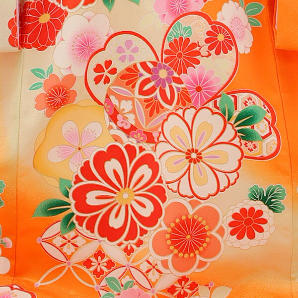 お宮参り 着物 レンタル 女の子/女児産着 お宮参り 0069 オレンジ地 御所車に花 ハート地模様 産着 レンタル 女の子 祝い着 着物 女の子 着物 掛け着 初着 お宮参り 着物 レンタル 女の子 赤ちゃん ベビー服 初着セット 産着 女児 fy16REN07【レンタル】