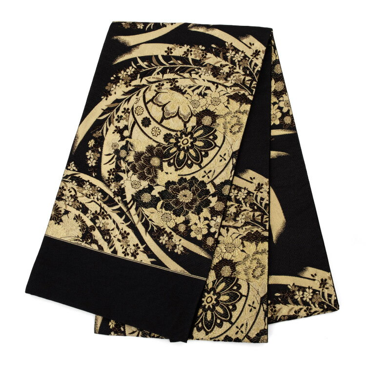 袋帯 正絹 西陣織 振袖用 金 ゴールド 黒 ブラック 廣部商事謹製 くすみ色 六通 新品未使用 未仕立