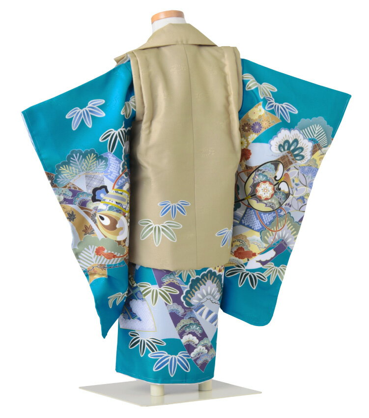 七五三 着物 3歳 男の子 フルセット 販売 購入 被布セット 日本の晴れ着 陽気な天使 優7 兜 グリーン 緑 ベージュ 松 太鼓 行事