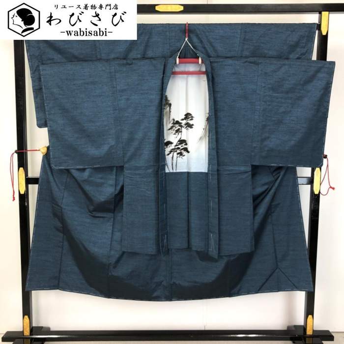 【お得なクーポン配布中】 男着物 アンサンブル 紬 無地 藍摺色 M-1113 着物 きもの kimono 和服 和装 中古 リサイクル着物 【送料無料】