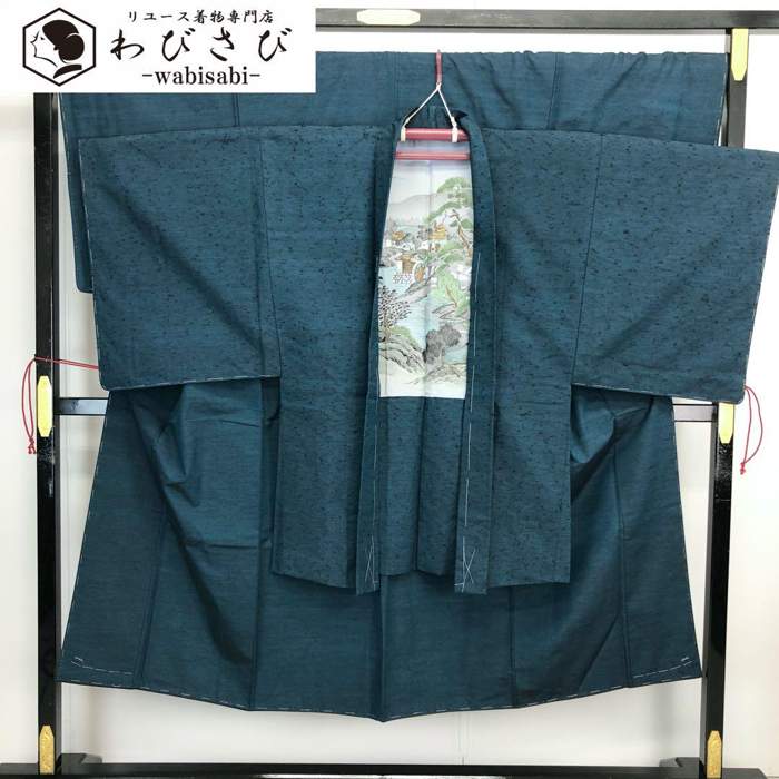 【お得なクーポン配布中】 男着物 アンサンブル 紬 無地 藍鉄色 しつけ糸 M-1092 着物 きもの kimono 和服 和装 中古 リサイクル着物 【送料無...