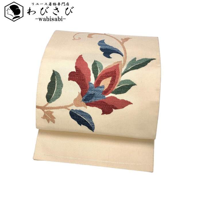 【お得なクーポン配布中】 名古屋帯 花唐草模様 薄卵色 O-5503 着物 きもの kimono 和服 和装 中古 リ..