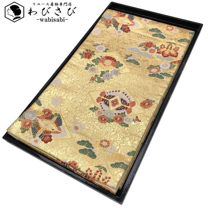 【お得なクーポン配布中】 袋帯 向かい鶴に蝶々 菱形に花模様 桐 金色 O-5610 着物 きもの kimono 和服..