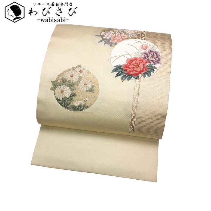【お得なクーポン配布中】 名古屋帯 丸に花模様 薄卵色 金糸 O-5654 着物 きもの kimono 和服 和装 中..