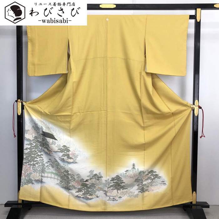 【お得なクーポン配布中】 色留袖 美しい風景の織柄 暈し 金糸 八丈色 K-4226 着物 きもの kimono 和服 和装 中古 リサイクル着物 【送料無料】