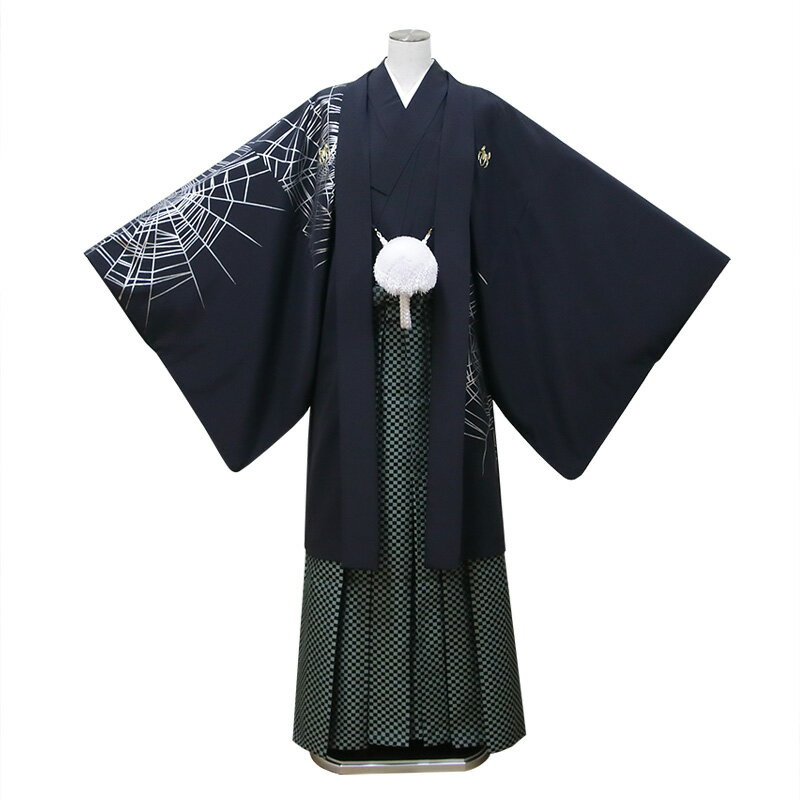 【レンタル】 紋付袴 9点セット【対応身長:175cm〜180cm】羽織袴レンタル フルセット men054-p (mb169-hb121)【往復送料無料】 羽織袴 レンタル 卒業袴 黒 蜘蛛の巣 市松 羽織袴 紋 メンズ レンタル着物 結婚式 披露宴 卒業式
