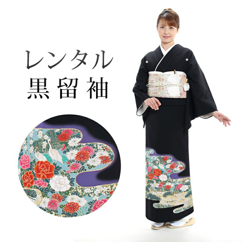 【レンタル】 黒留袖 18点セット 留袖レンタル フルセット t5-40 【往復送料無料】 50代 60代 黒留袖 Mサイズ レンタル 黒留袖 マルチカラー 花柄 霞 黒留袖 レディース レンタル着物 結婚式 披露宴 観劇 参列