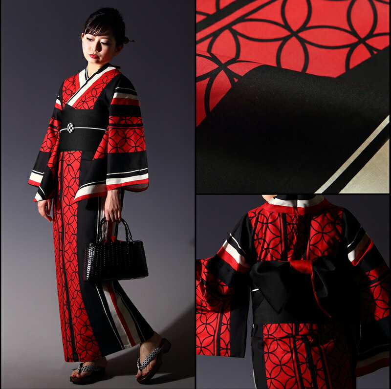 【レンタル】 女性用 浴衣 6点セット 浴衣レンタル フルセット y349 【往復送料無料】 【THECRO】 浴衣 Fサイズ レンタル 浴衣 綿 赤 七宝 ストライプ 夏 着物 レディース レンタル着物 夏祭り 花火大会 盆踊り 街着 記念写真