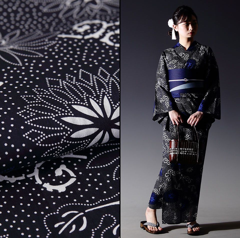 [Alquiler] Conjunto de 5 piezas de yukata para mujer. Conjunto de alquiler de yukata y526 【Envío y devolución gratuitos】 Alquiler de yukata, talla F, de algodón, azul marino, con motivos de crisantemos y arabescos, kimono de verano para mujer, alquiler de kimono, festivales de verano, espectáculos de fuegos artificiales, bailes de Bon, ropa para salir a la calle, fotos de recuerdo — vista 3