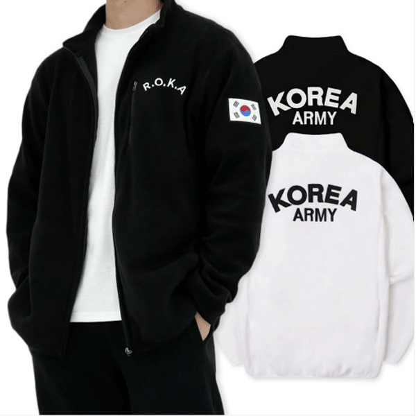 楽天神戸オートン輸入雑貨店韓国直輸入 ROKA フリース 全2カラー 黒 白 軍服 軍人 韓国 韓国雑貨 韓国服 ブルゾン ジャケット ファー かっこいい かわいい プレゼント 軍人 ブラック ホワイト 部屋着 パジャマ 運動 スポーツ ジム メンズ レディース KOREA ARMY コリアアーミー