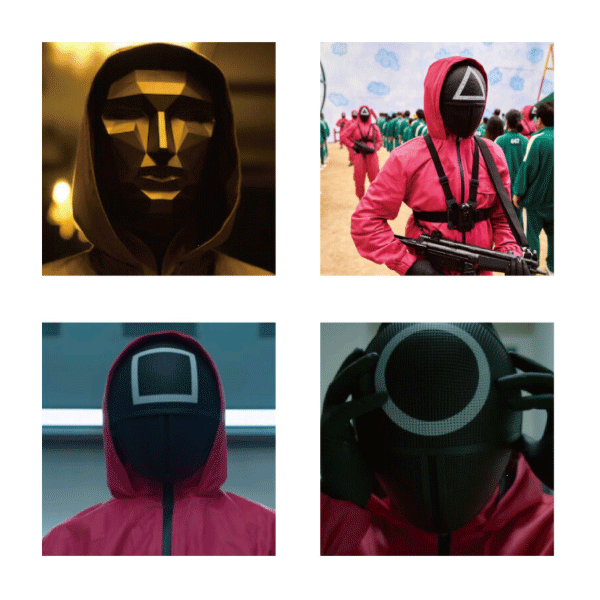 イカゲーム マスク お面 メッシュ コスプレ 仮面 (丸・三角形・四角・ボス（リニューアル版））仮装 半顔 半面 プリント コスプレ ダンス ハロウィン ホラー イベント 韓国 子供 おもちゃ