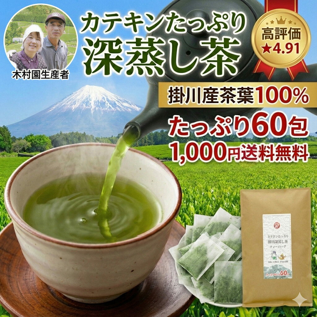 [1000円ポッキリ] お茶 ティーバッグ 60個 2.5g×60包 送料無料 緑茶 掛川茶 深蒸し茶 水出し お徳用 カ..